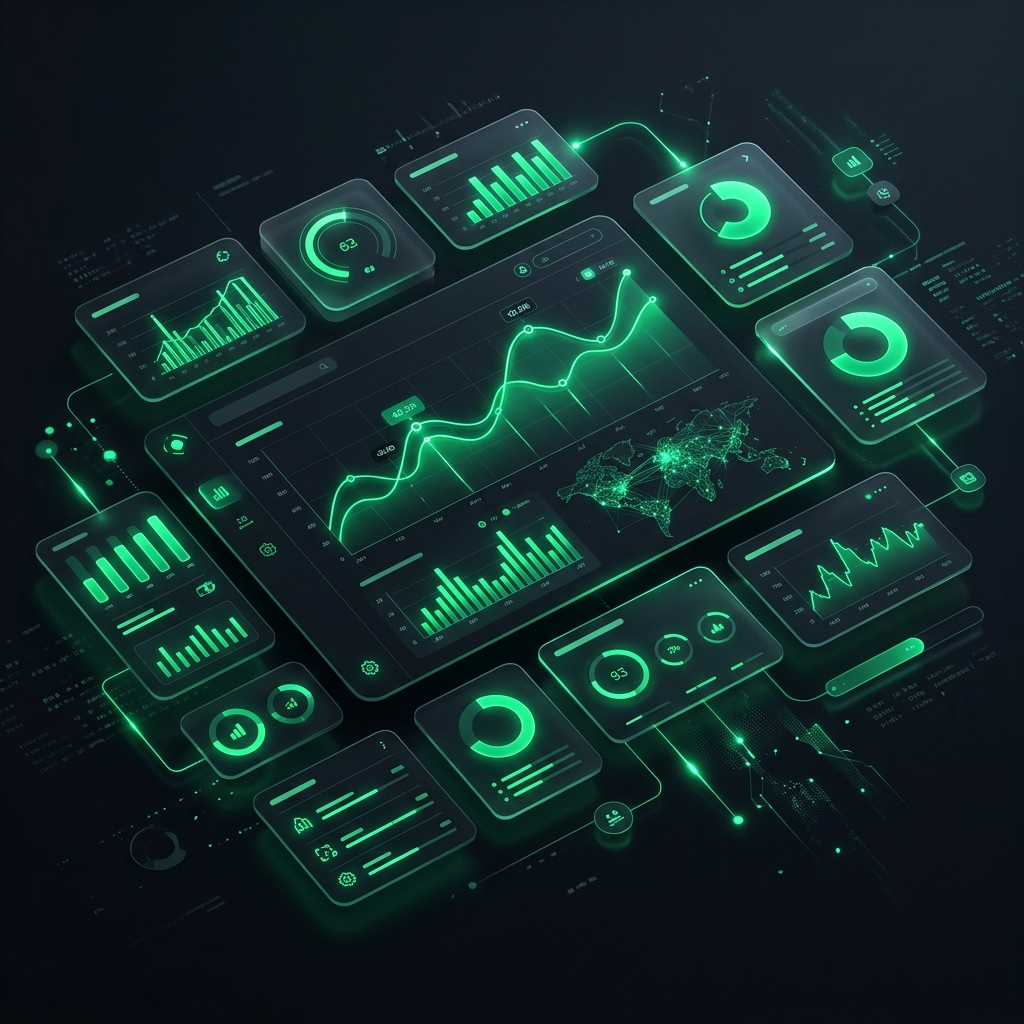 Digital solutions dashboard showing analytics graphs and glowing charts